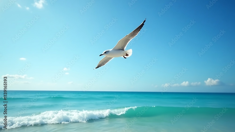 A seagull flying above the ocean under a bright sky. A seagull flying above the ocean under a bright sky.