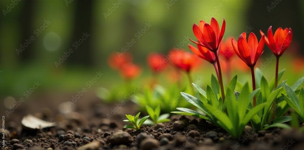 Red lycoris radiata flowers growing on the ground, red, plant, growth Red lycoris radiata flowers growing on the ground, red, plant, growth