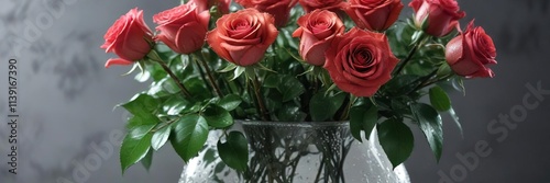 roses in a vase with dew drops on the stems and leaves, bouquet, branches, dew