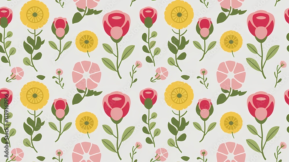 Fototapeta premium Simple Floral Pattern with Roses, Daisies, and Leaves in Flat Style and Soft Color Palette