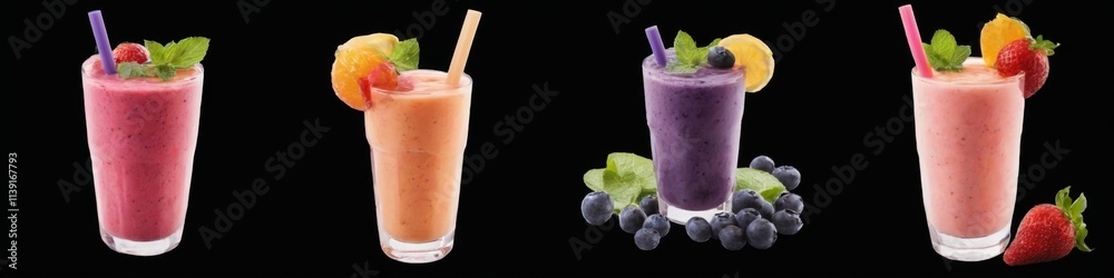 Colorful Smoothies in Tall Glasses with Lemon, Strawberry, and Mint Garnish on Black Background