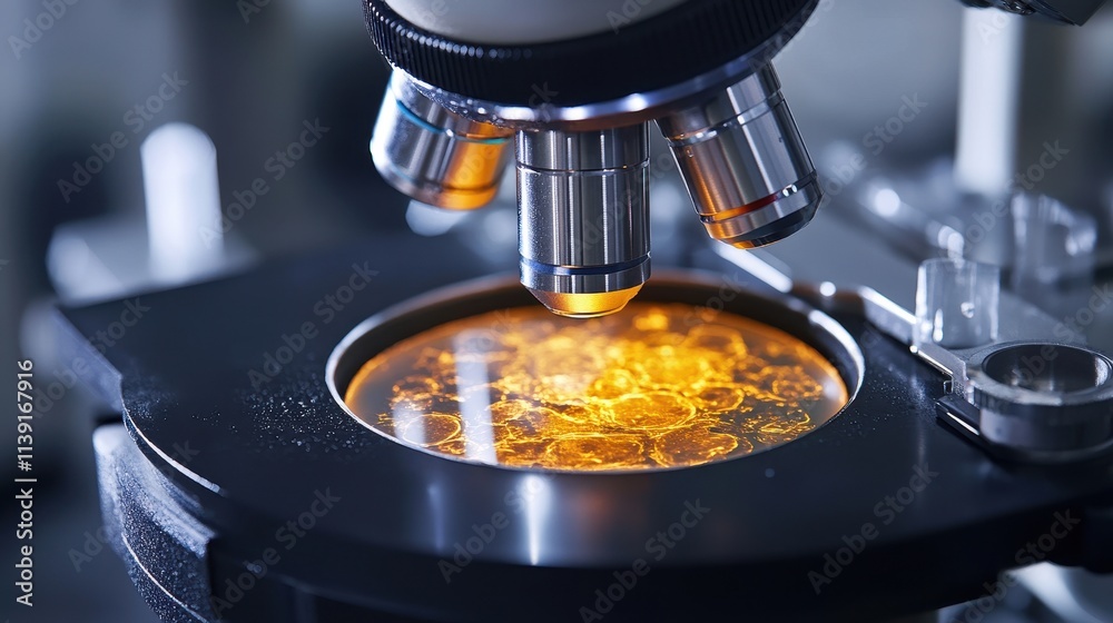 Close-up of a microscope's lens over a sample. Illustrates scientific research, cellular studies, or medical breakthroughs. Close-up of a microscope's lens over a sample. Illustrates scientific research, cellular studies, or medical breakthroughs.