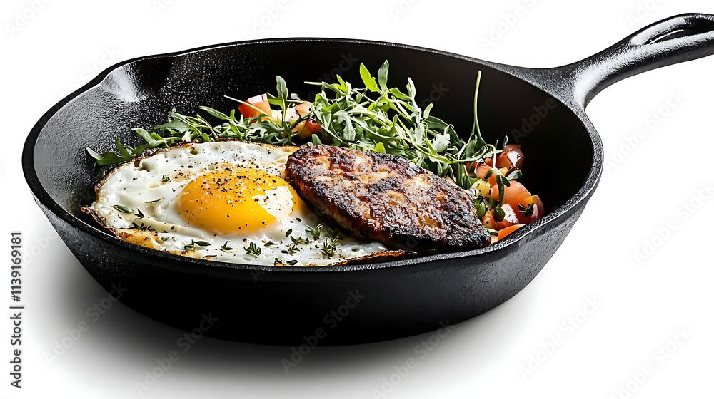 A black pan with a fried egg and meat on top of it A black pan with a fried egg and meat on top of it