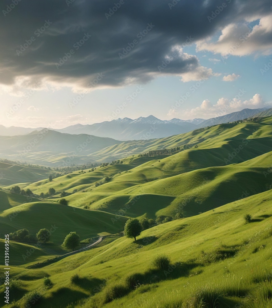 Obraz premium Rolling hills and green pastures of the Caucasus countryside , cattle grazing, , nature landscape
