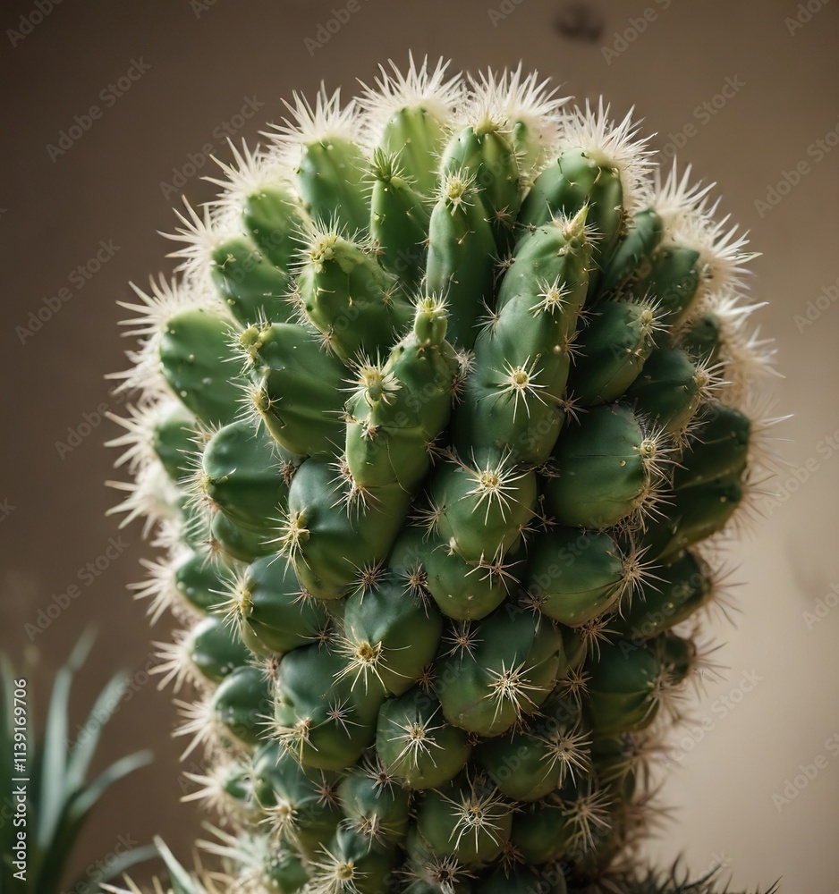 Prickly cactus plant with a unique, twisted shape and large, green and white spines, arid, succulent Prickly cactus plant with a unique, twisted shape and large, green and white spines, arid, succulent