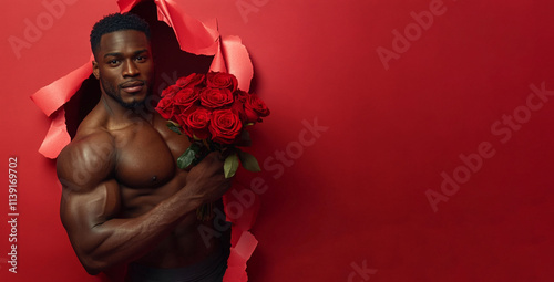 A muscular man emerges from a ripped red paper background, holding a bouquet of red roses. Fun greeting card for Valentine's Day. Romantic banner.