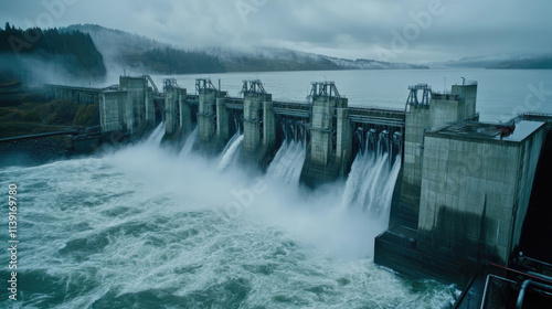 Scenic View of a Powerful Hydroelectric Dam Amidst Misty Mountains and Flowing Water photo