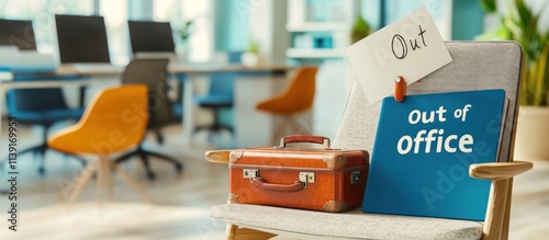 Empty office chair with suitcase and 