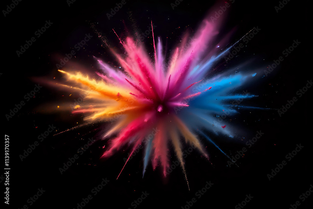 Fototapeta premium Colored powder explosion on black background. Freeze motion.
