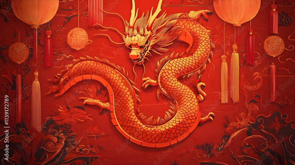 Fototapeta premium Golden Dragon Amidst Red Lanterns and Festive Designs