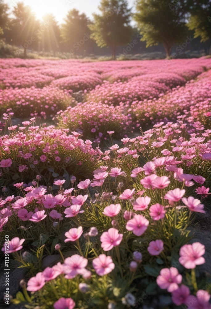 Obraz premium Field of pink flowers in full bloom with sunlight filtering through , garden, spring, carthusian pink