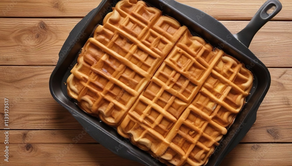 Warm golden brown waffles baked in a teflon pan on wooden background, cooking, breakfast, interior Warm golden brown waffles baked in a teflon pan on wooden background, cooking, breakfast, interior