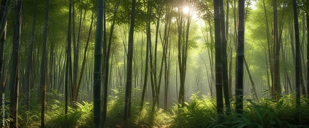 Fototapeta premium A beautiful bamboo thicket with sunlight filtering through the dense foliage , serenity, vegetation