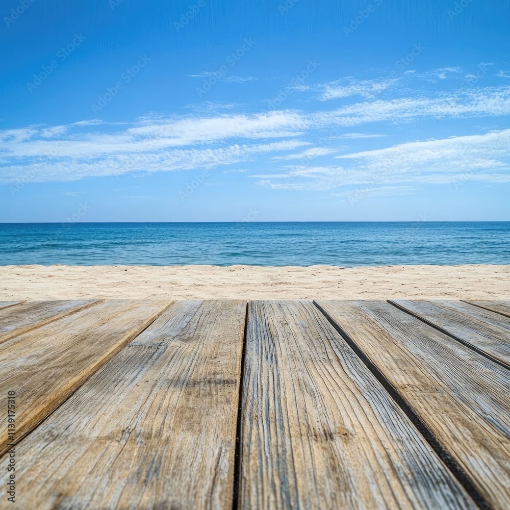 Serene Beach Landscape with Wooden Plank Perspective Under Blue Sky Serene Beach Landscape with Wooden Plank Perspective Under Blue Sky