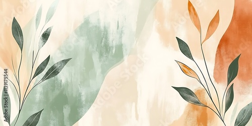 Abstract art print with minimalist botanical illustrations and watercolor background in earthy tones.