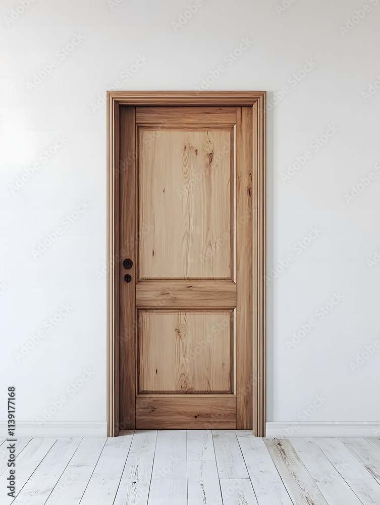 Photo of a modern oak door on a white wall, front view, interior design. Photo of a modern oak door on a white wall, front view, interior design.