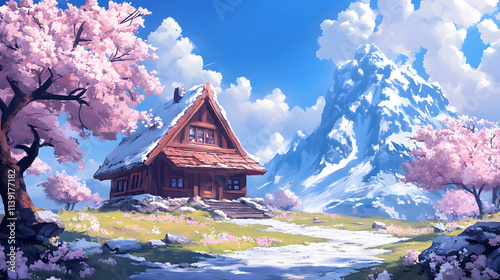 A serene landscape featuring a cozy wooden house surrounded by cherry blossoms, beneath a blue sky with fluffy clouds and majestic mountains