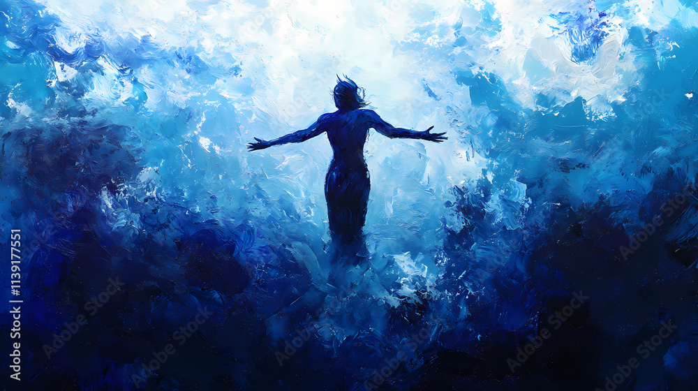 Fierce solitary figure plunging into deepest indigo. Fathomless. Illustration Fierce solitary figure plunging into deepest indigo. Fathomless. Illustration
