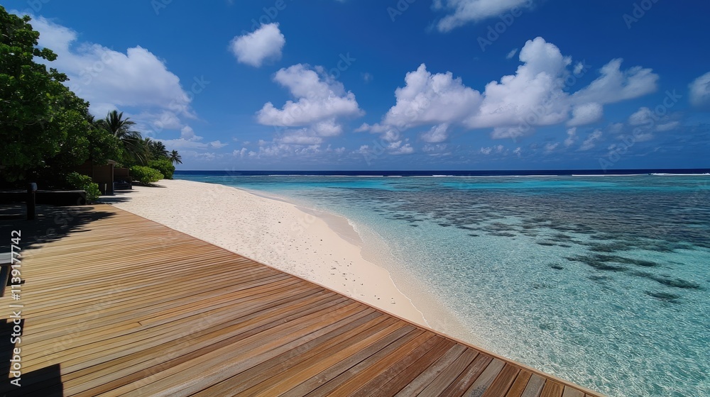 Naklejka premium Serene Tropical Beach with Clear Water and Cloudy Blue Sky