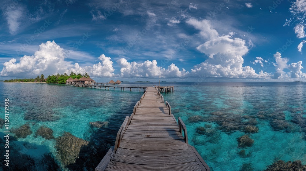 Fototapeta premium Tranquil dock leading into crystal clear tropical waters under blue sky