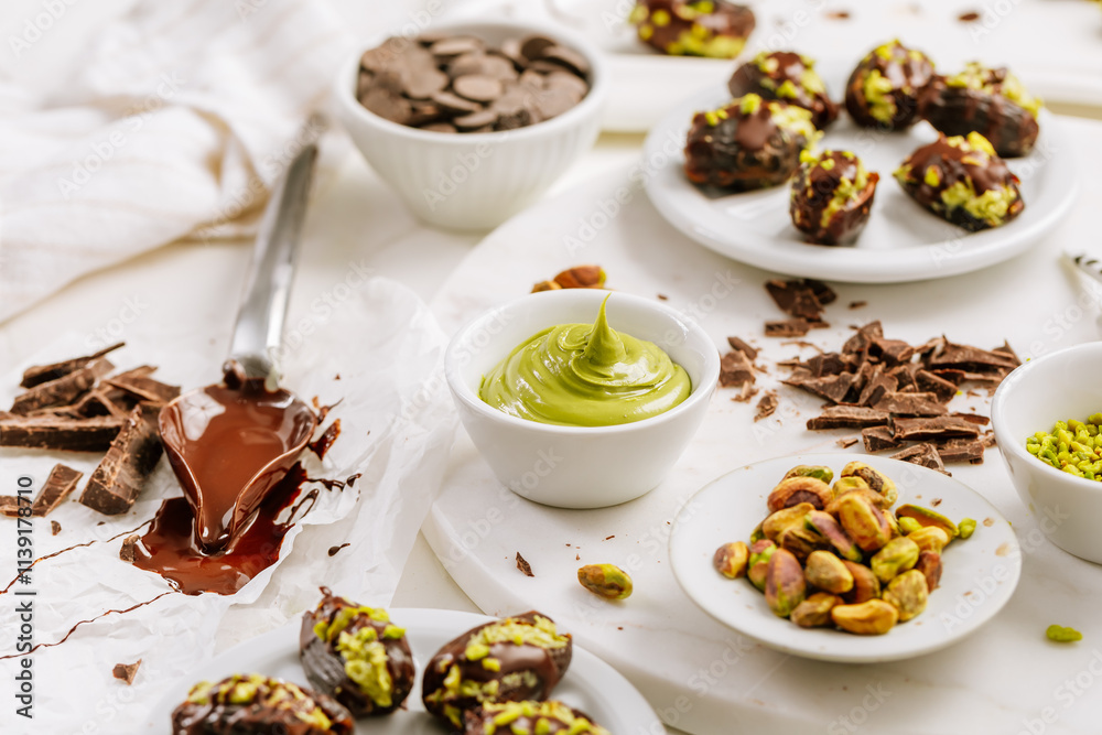 Preparing exquisite dessert, dates filled with pistachio mousse, alternative to popular Dubai chocolate bar Preparing exquisite dessert, dates filled with pistachio mousse, alternative to popular Dubai chocolate bar