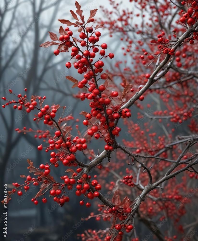 Bright red berries on bare deciduous holly branches, Ilex verticillata, red berries Bright red berries on bare deciduous holly branches, Ilex verticillata, red berries