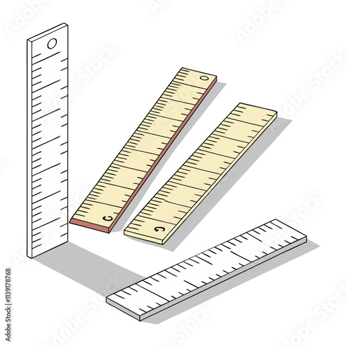 Three rulers in an isometric view, showcasing different materials and sizes.