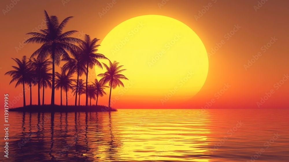 Tropical sunset over a small island with palm trees.