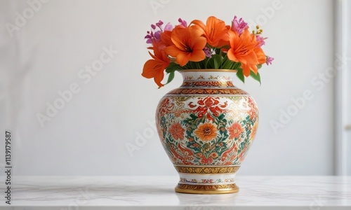 Wallpaper Mural Classic Thai Benjarong porcelain vase on white ceramic table , Benjarong, table decor Torontodigital.ca
