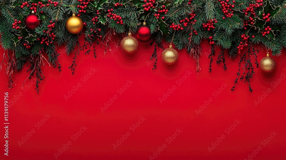 Festive Christmas Border with Red and Gold Ornaments on Red Background Festive Christmas Border with Red and Gold Ornaments on Red Background