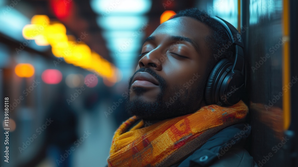 Obraz premium Commuter enjoying music with closed eyes, leaning against wall on illuminated subway platform, finding peace in urban environment