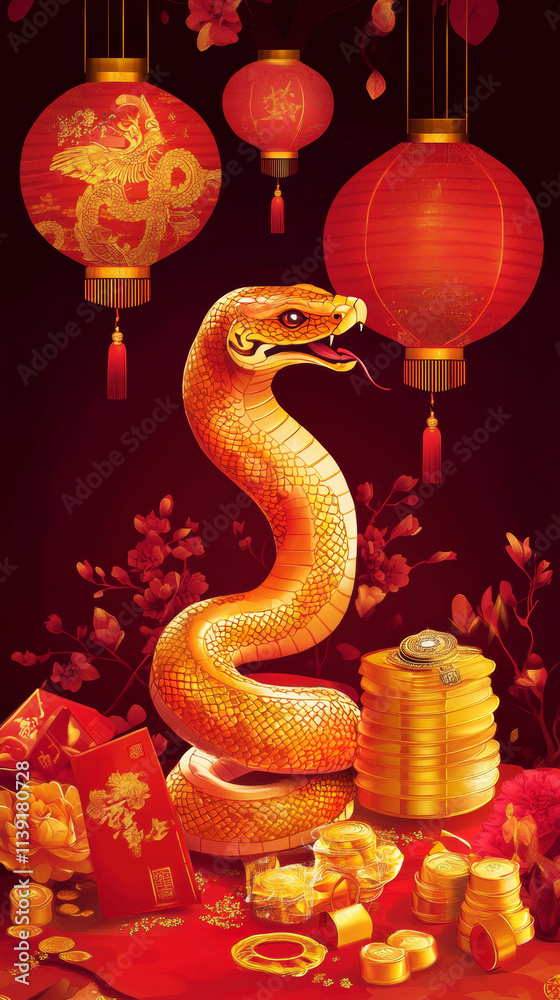 Fototapeta premium vibrant Chinese New Year poster featuring golden snake, red lanterns, big red envelopes, and gold ingots, creating festive atmosphere for Year of Snake 2025
