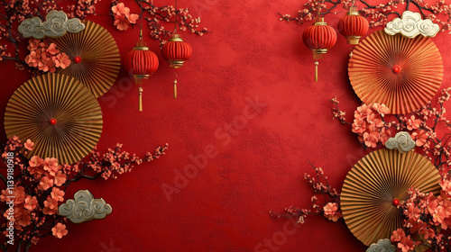 Beautiful red background with decorative fans, lanterns, and cherry blossoms, perfect for celebrating Chinese New Year. vibrant colors and intricate designs create festive atmosphere