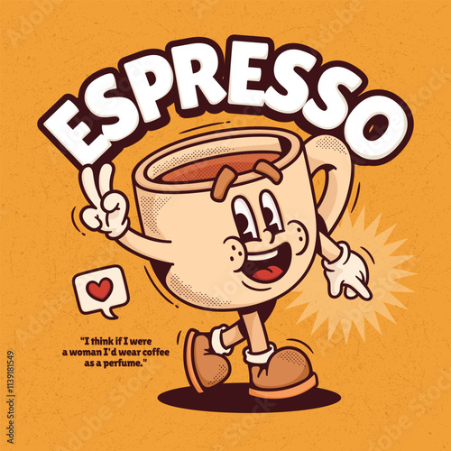 Coffee Cup Trendy Retro Cartoon Vector Hand Drawn 