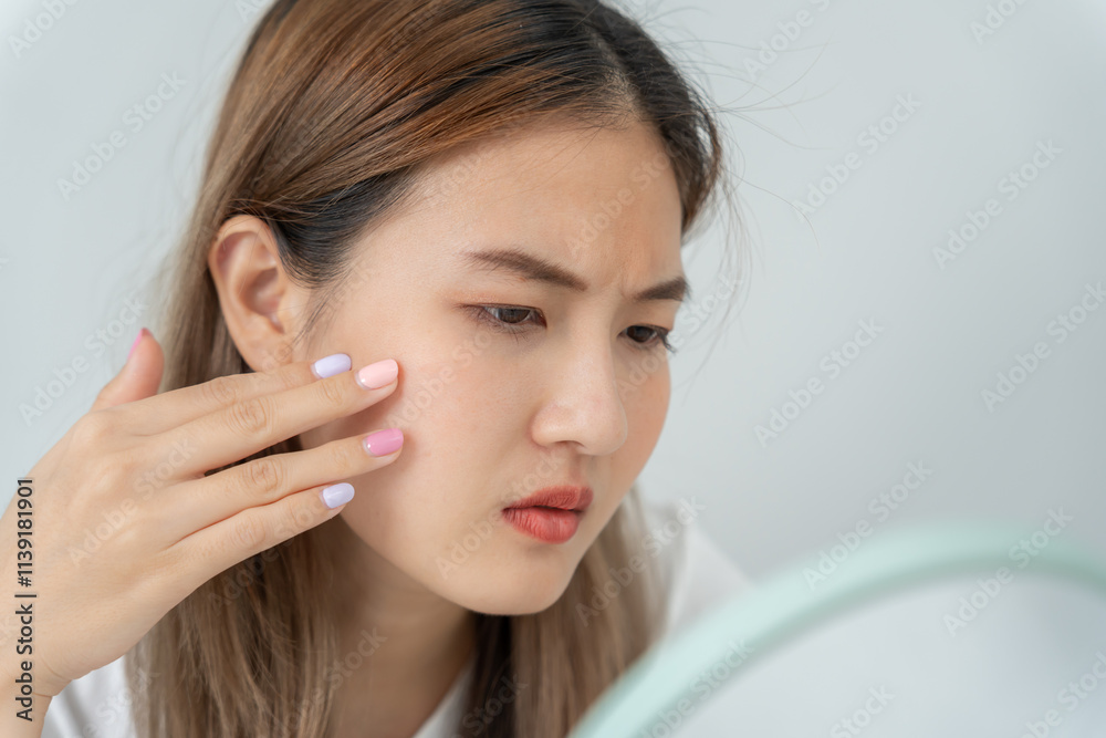 Woman worried about face Dermatology, large pores, uneven face, sensitive skin, red face from sunburn, acne, dry skin, large pores ,rash face, dull, freckles, wrinkle, skin problem, beauty. Woman worried about face Dermatology, large pores, uneven face, sensitive skin, red face from sunburn, acne, dry skin, large pores ,rash face, dull, freckles, wrinkle, skin problem, beauty.