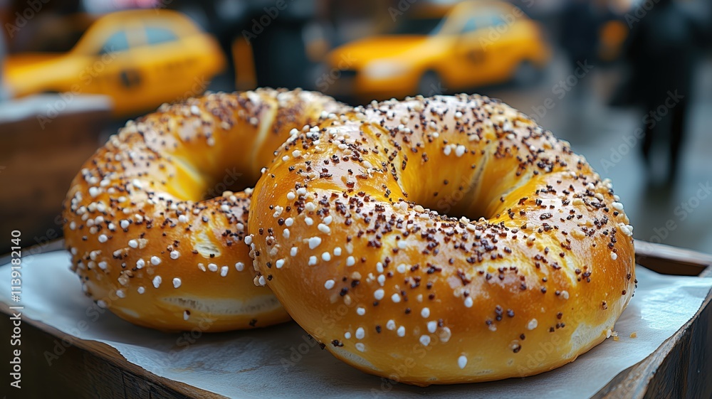 Two everything bagels rest on a wooden tray with yellow cabs blurred in the background in new york city Two everything bagels rest on a wooden tray with yellow cabs blurred in the background in new york city