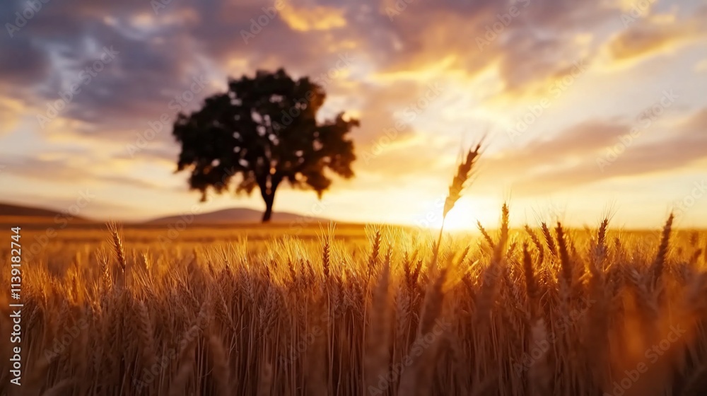 Sunset over a wheat field with a solitary tree. Sunset over a wheat field with a solitary tree.