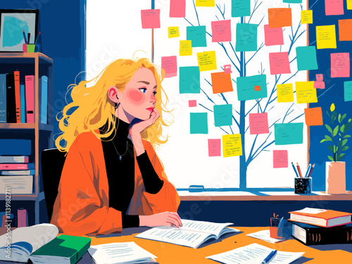  illustration a female, blonde user researcher, in realistic illustration sytle reflecting on the 8 highly effective habits of user researchers