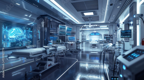 Medical technology hospital setting showcasing use computer technologies for treatment. Concept Hospital Technologies