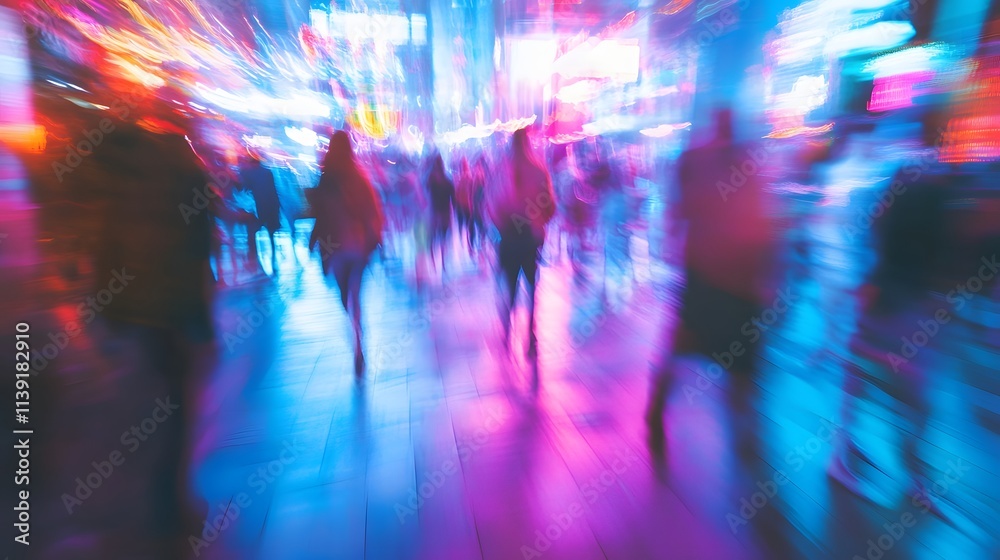 Fototapeta premium Blurry Crowd Moving Through Neon City Lights