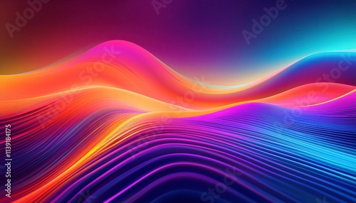 Abstract Neon Waves: A mesmerizing abstract background with vibrant neon waves flowing across a dark canvas. The colors, a dynamic interplay of red, orange, purple, and blue.