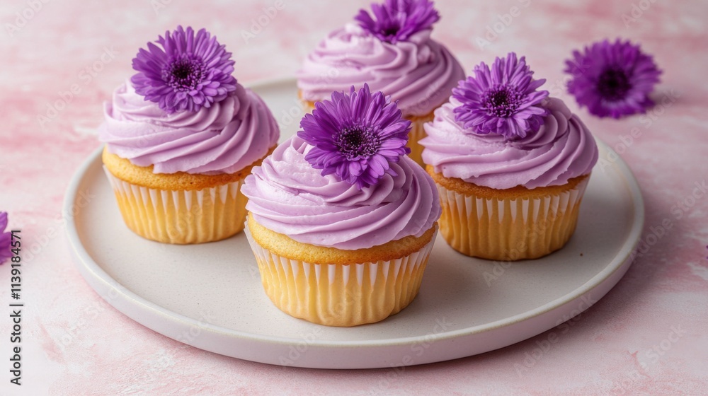 Pastel Purple Cupcakes with Floral Decorations on Plate