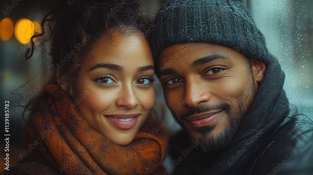 Young couple smiling together on a rainy day, enjoying each other's company and the cozy atmosphere Young couple smiling together on a rainy day, enjoying each other's company and the cozy atmosphere