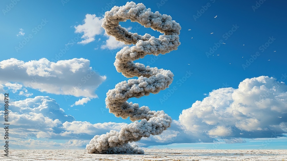 Obraz premium Whimsical formation of puffy clouds resembling a spiral staircase against a clear sky artful photography nature scene aerial view dreamy concept for imaginative exploration