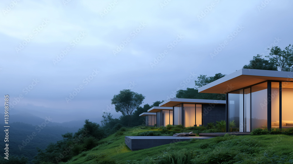 Modern hillside houses with large windows and scenic views.