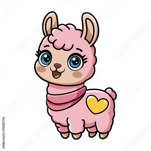 A cute cartoon animal baby llama with a pink heart on its back. The animal is smiling and has blue eyes
