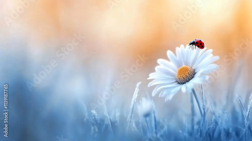 Beautiful natural background with daisy wheel and ladybug in blue