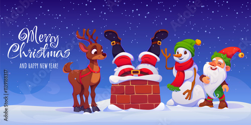 Santa Claus stuck in a Christmas chimney, surrounded by a cheerful reindeer, playful snowman and festive elf friends. Cartoon vector greeting card exudes Xmas spirit, magic, holiday fun and humor