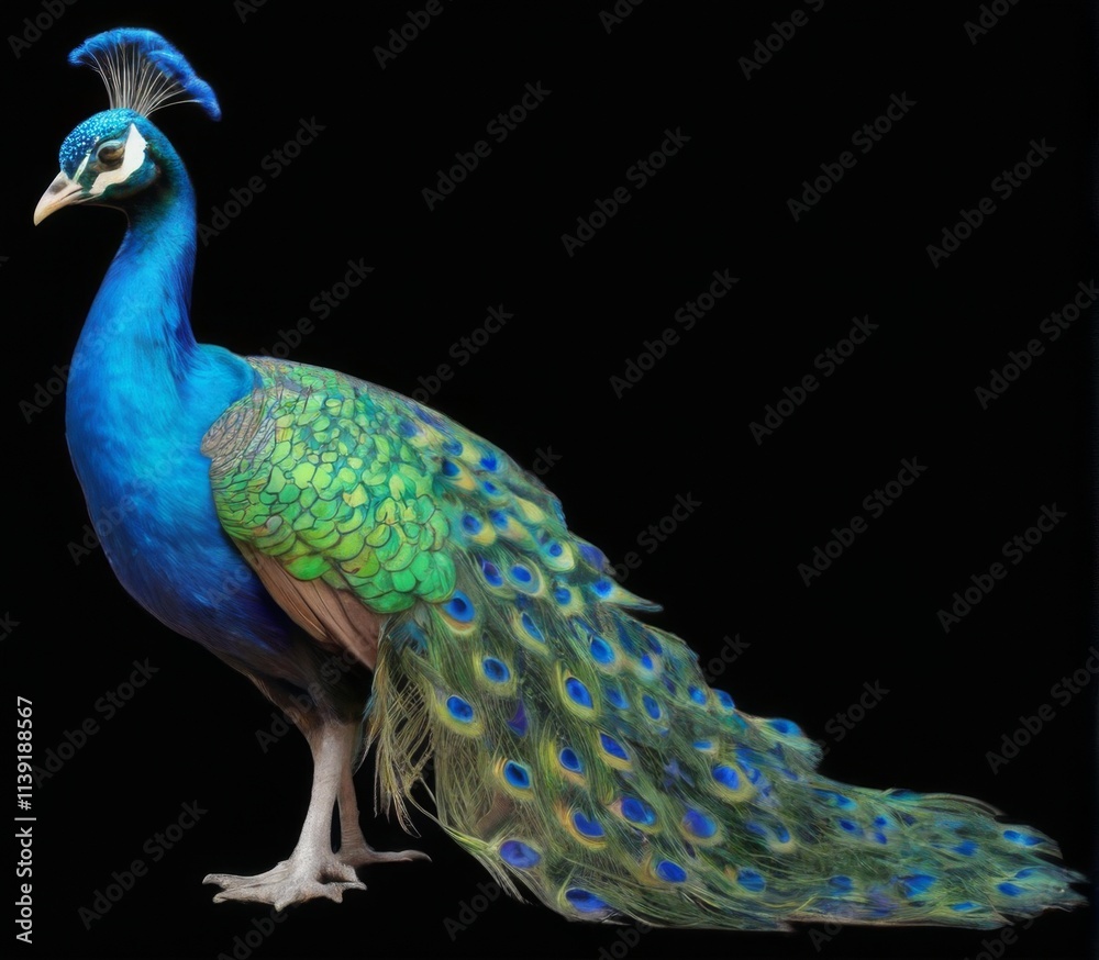 Obraz premium Peacock with Vibrant Feathers on Black Background, Facing Left in Majestic Display Beautiful Colors and Patterns.
