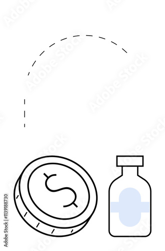 Coin with dollar sign and medicine bottle with dashed arc. Ideal for finance, healthcare, cost analysis, medical investment, pharmaceutical funding, treatment affordability, economic impact. Line